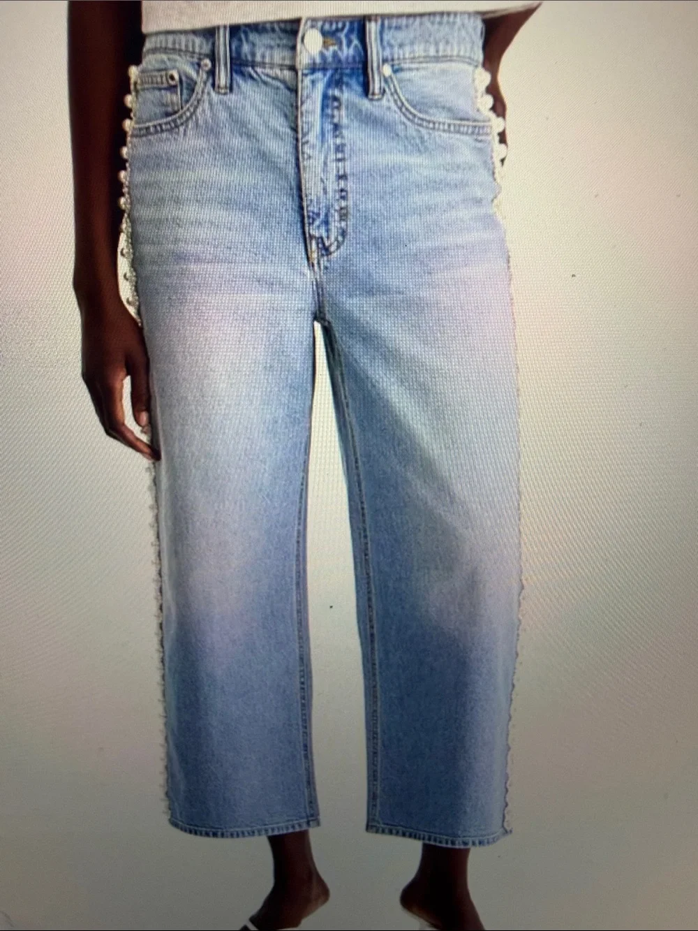 Light Blue Women's Cropped Jeans with Side Faux-Pearl-Trim